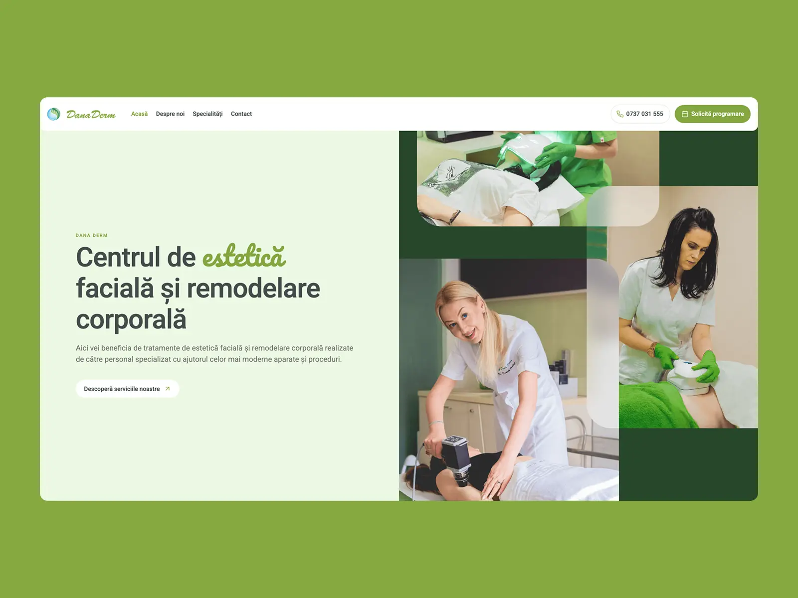 Homepage DanaDerm după redesign – website modern pentru clinică dermatologică și estetică
