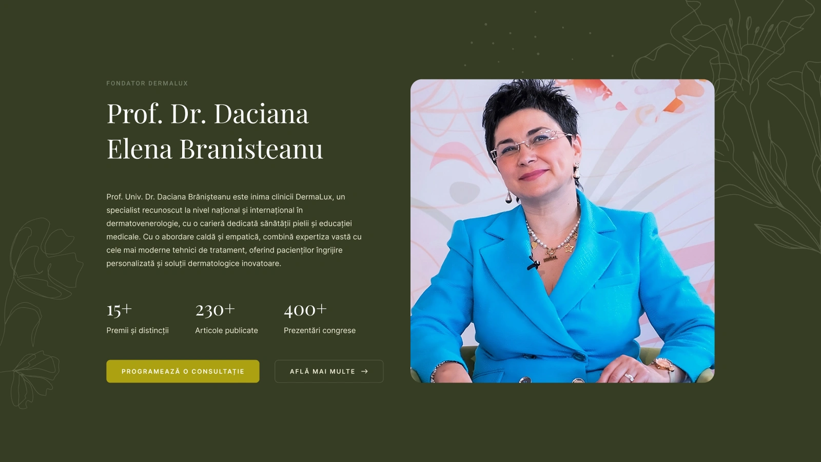 Secțiune website DermaLux cu profilul Prof. Dr. Daciana Elena Brănișteanu, fondatorul clinicii – specialist recunoscut național și internațional în dermatovenerologie