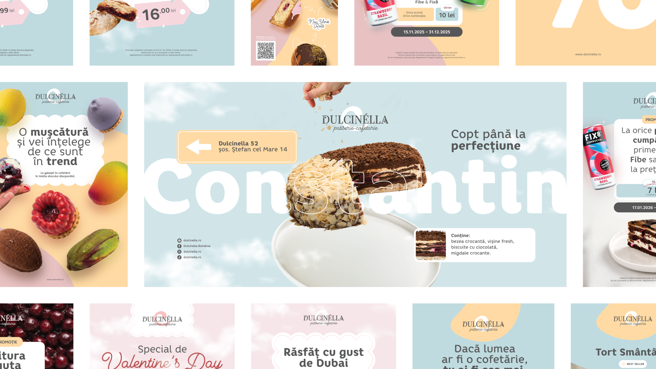 Colaj cu materiale de design grafic create pentru Dulcinella: afise, bannere, meniuri și postări pentru social media