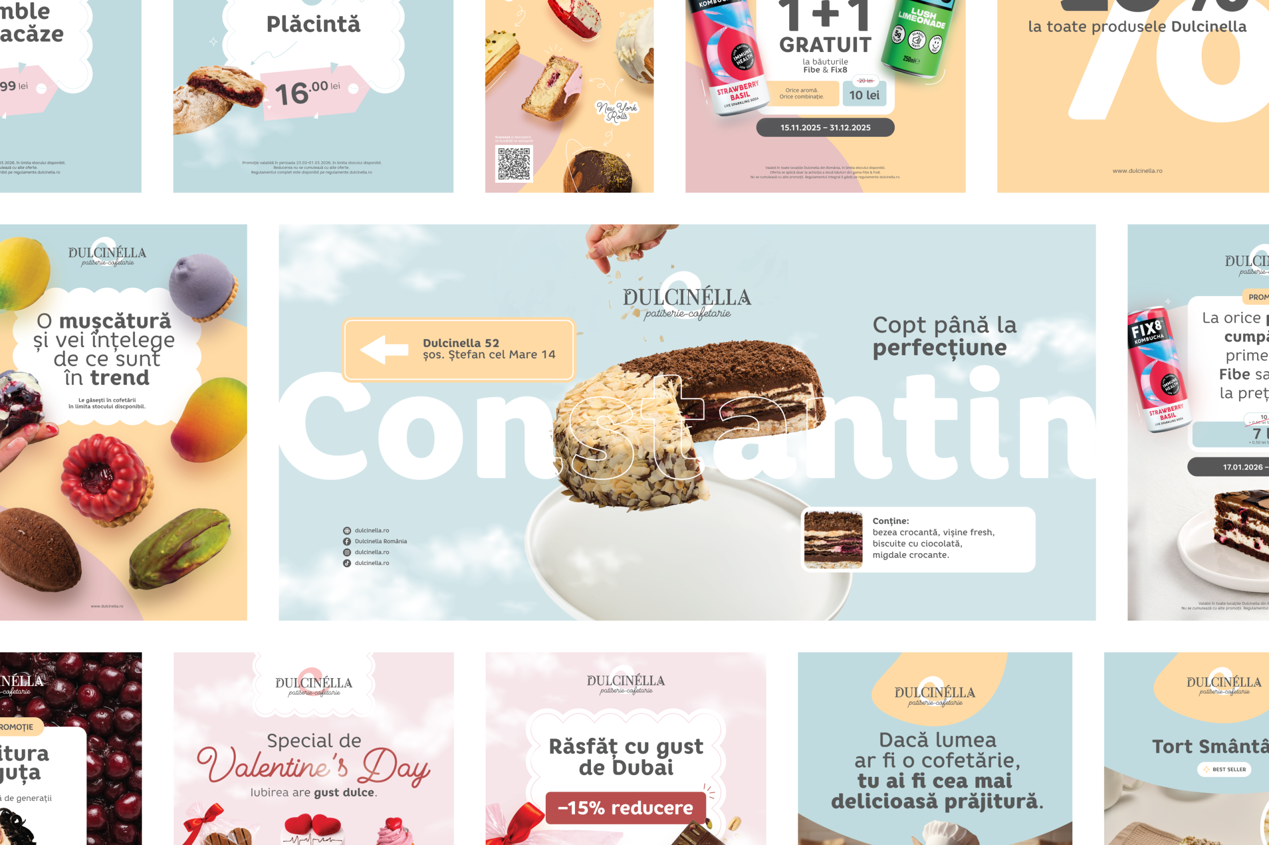 Colaj cu materiale de design grafic create pentru Dulcinella: afise, bannere, meniuri și postări pentru social media